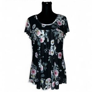 FURNEX Floral Black and Pink Blouse L, Short Sleeves And Pleated Design In Front